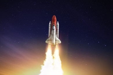 Image of Modern space rocket in beautiful starry sky
