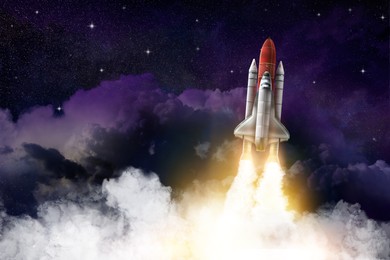 Image of Modern space rocket in beautiful starry sky