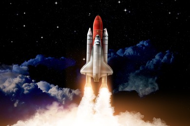Image of Modern space rocket in beautiful starry sky