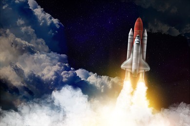 Image of Modern space rocket in beautiful starry sky