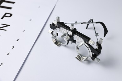 Photo of Trial frame and vision test chart on white background, closeup