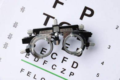Photo of Trial frame on vision test chart, top view