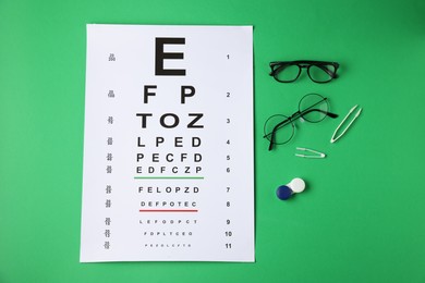 Photo of Vision test chart, glasses, tweezers and lenses on green background, flat lay