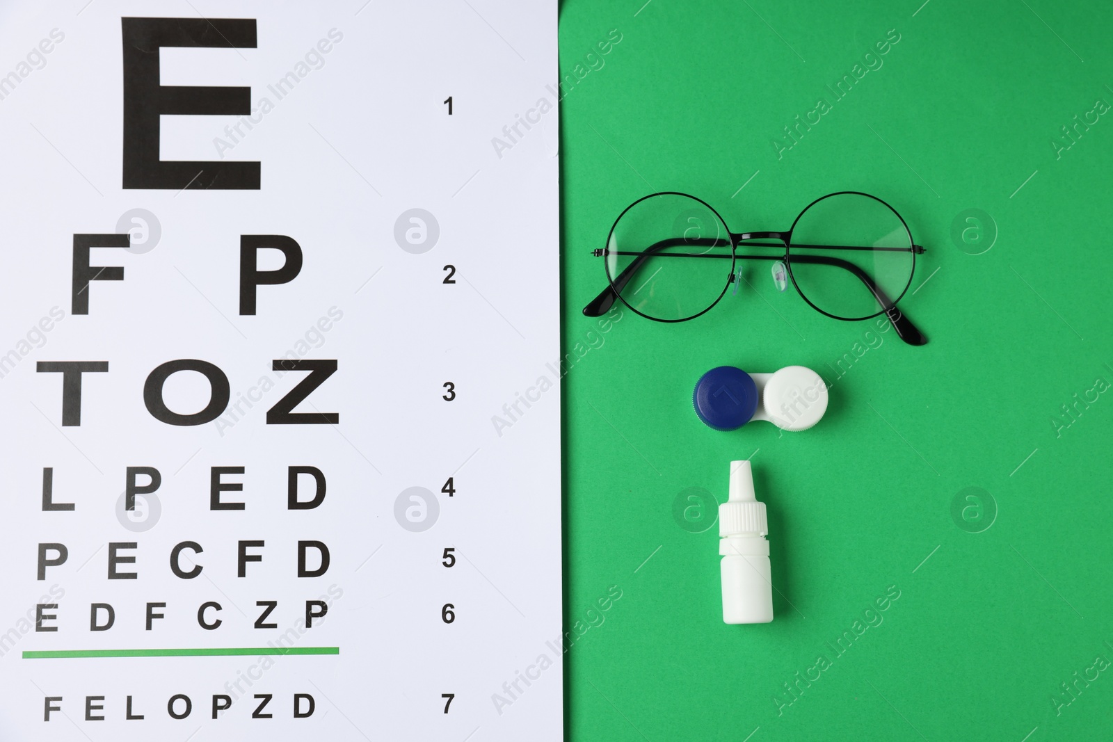 Vision test chart, glasses, bottle of medical drops and lenses on green background, flat lay Photo of Vision test chart, glasses, bottle of medical drops and lenses on green background, flat lay