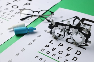Photo of Vision test charts, glasses, trial frame and bottles of medical drops on green background, closeup