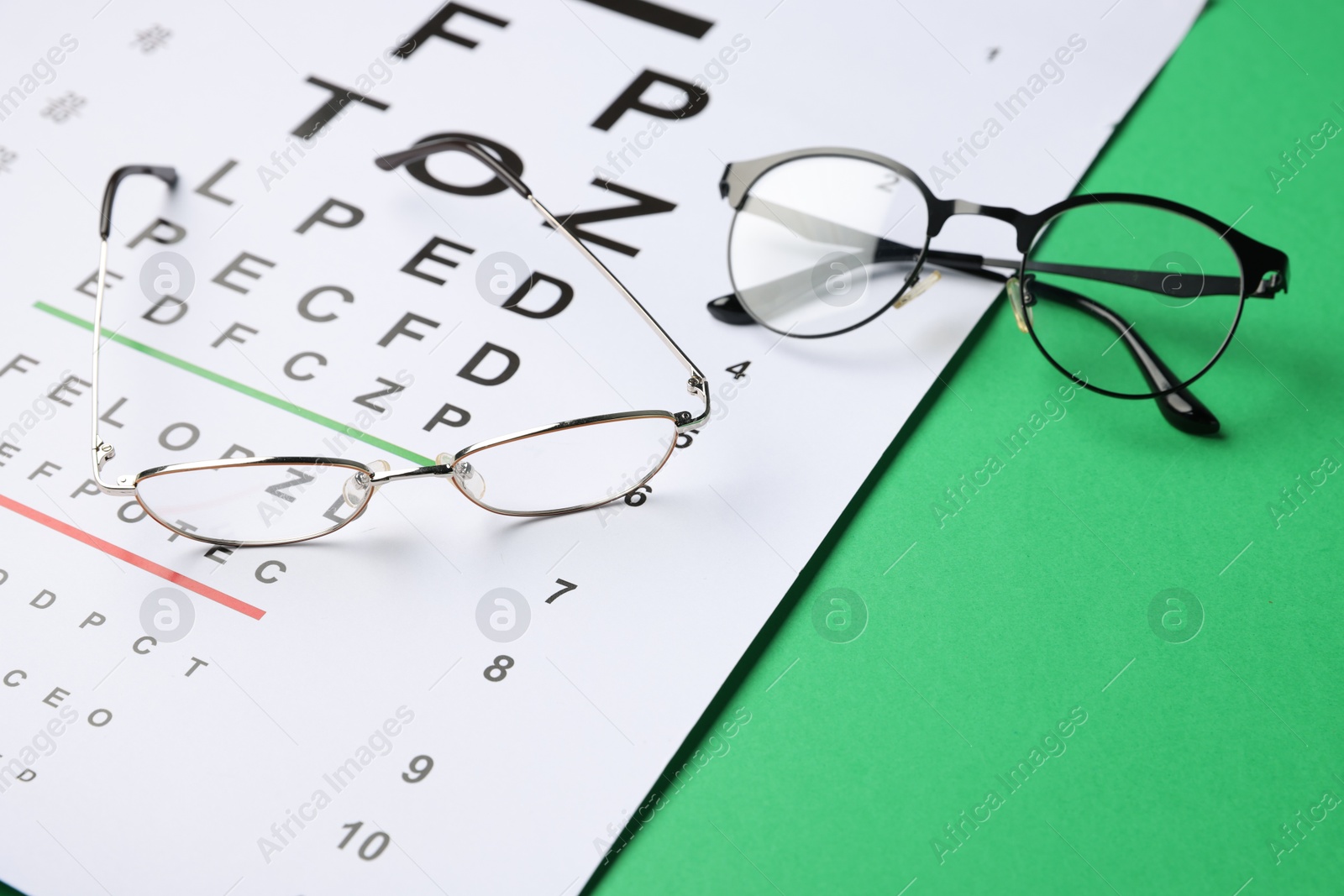Vision test chart and glasses on green background, closeup Photo of Vision test chart and glasses on green background, closeup