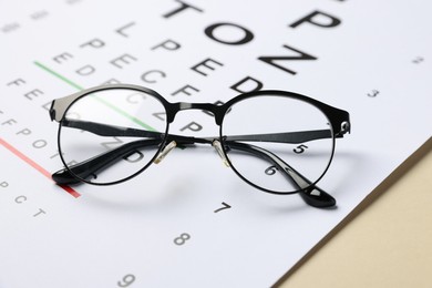 Photo of Vision test chart and glasses on beige background, closeup