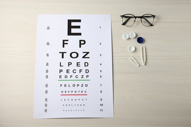 Photo of Vision test chart, glasses, lenses and tweezers on wooden table, flat lay