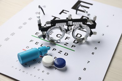 Photo of Vision test chart, trial frame, lenses and bottle of medical drops on table, closeup