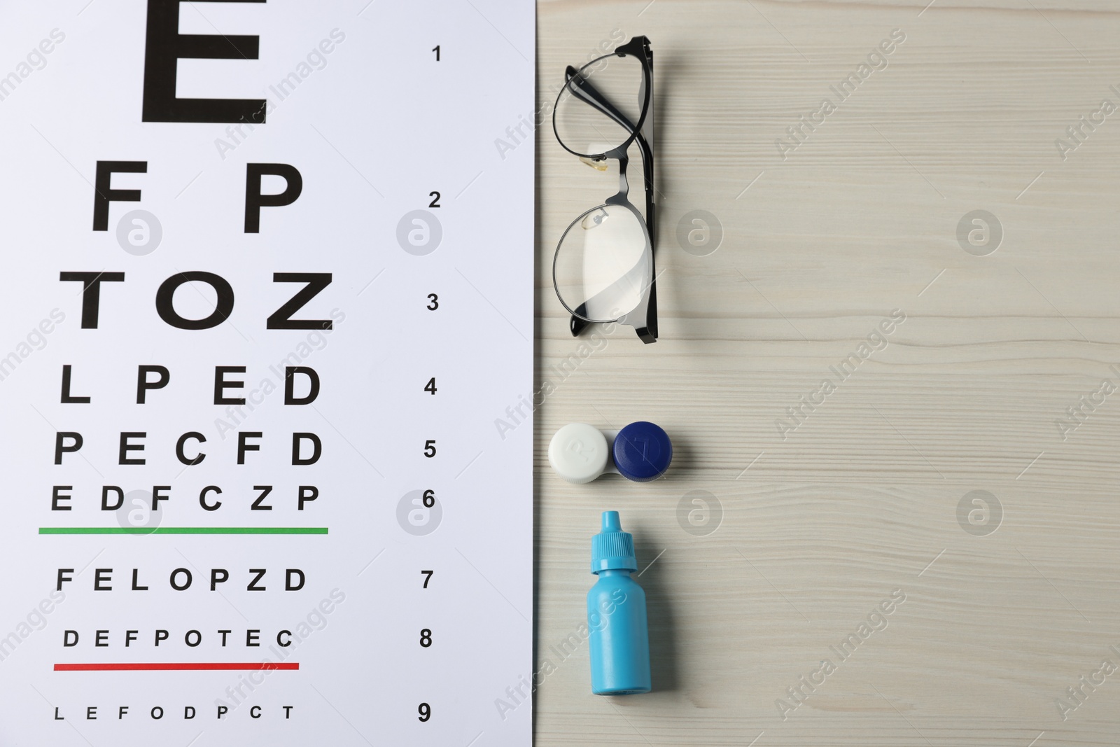 Vision test chart, glasses, lenses and bottle of medical drops on wooden table, flat lay. Space for text Photo of Vision test chart, glasses, lenses and bottle of medical drops on wooden table, flat lay. Space for text