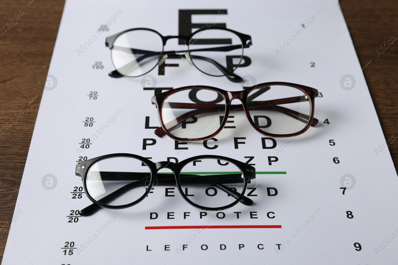Vision test chart and glasses on wooden table, closeup Photo of Vision test chart and glasses on wooden table, closeup