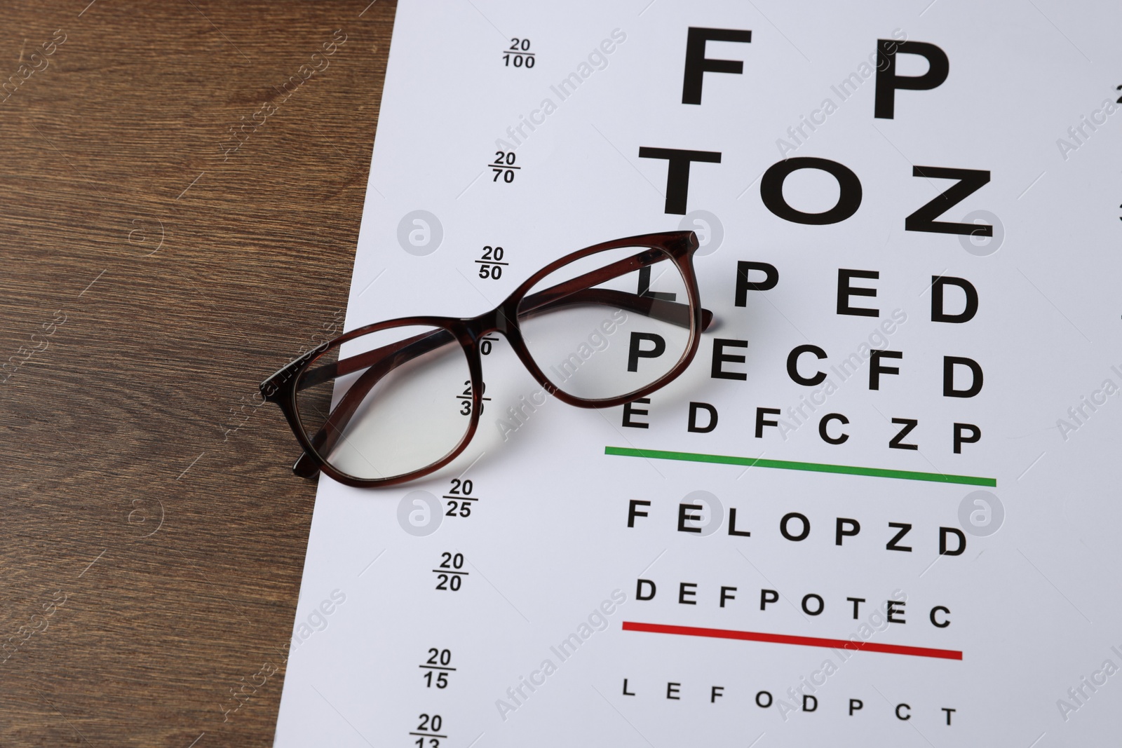 Vision test chart and glasses on wooden table, above view Photo of Vision test chart and glasses on wooden table, above view