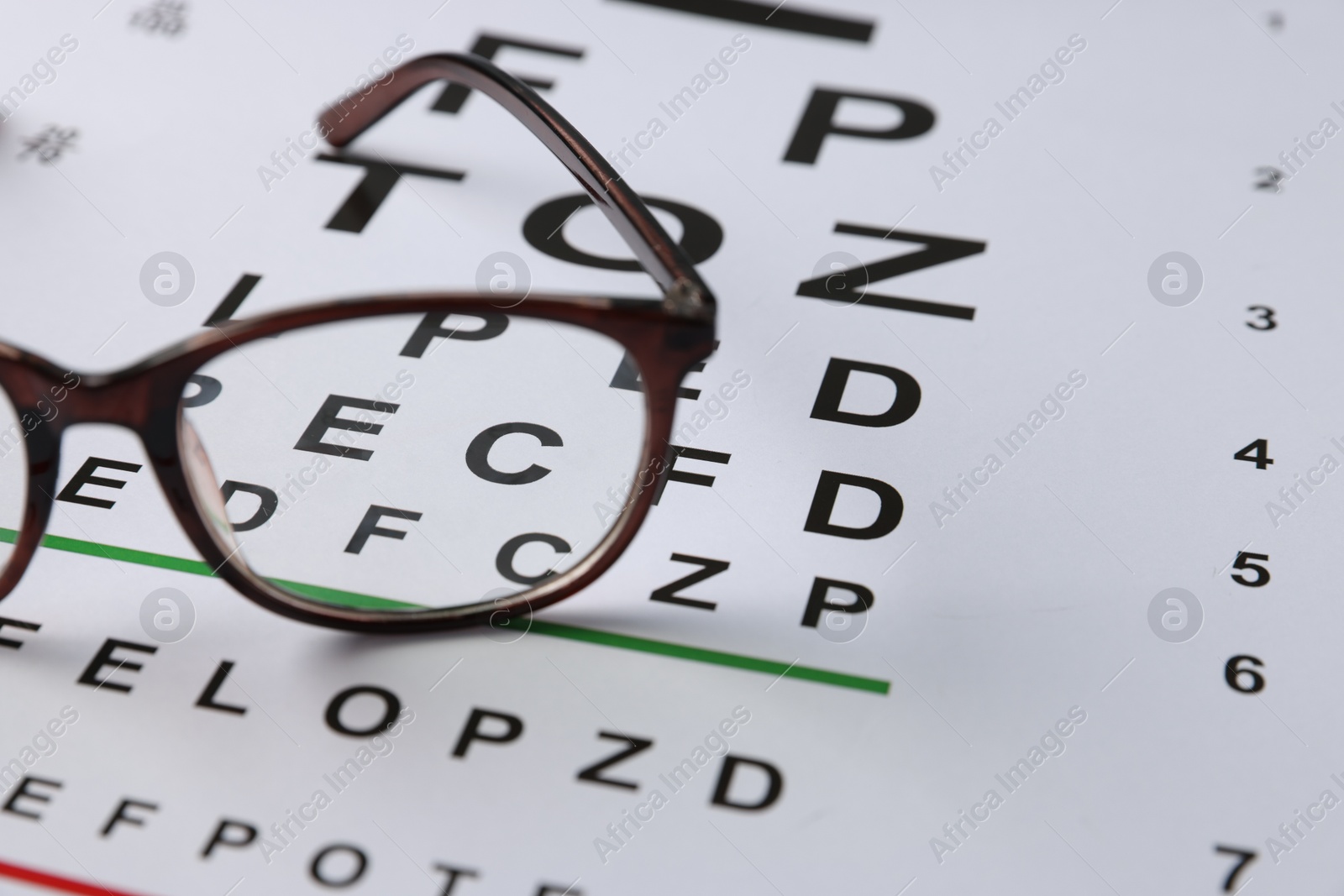 Glasses on vision test chart, closeup. Space for text Photo of Glasses on vision test chart, closeup. Space for text