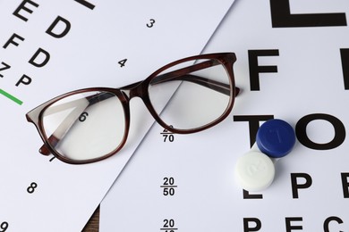 Photo of Vision test charts, lenses and glasses on table, top view