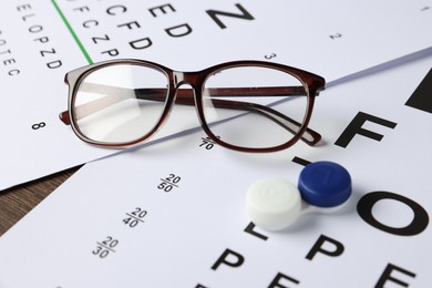 Photo of Vision test charts, lenses and glasses on table, closeup