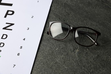 Photo of Vision test chart and glasses on grey table, closeup