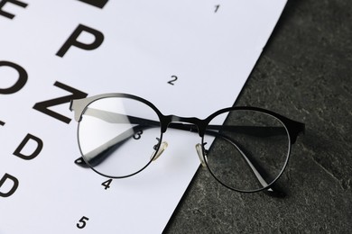 Photo of Vision test chart and glasses on grey table, above view