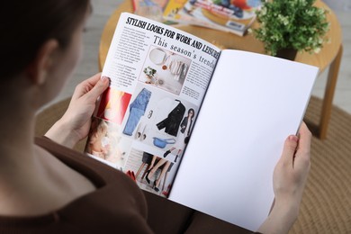 Photo of Woman reading magazine indoors, closeup. Mockup for design