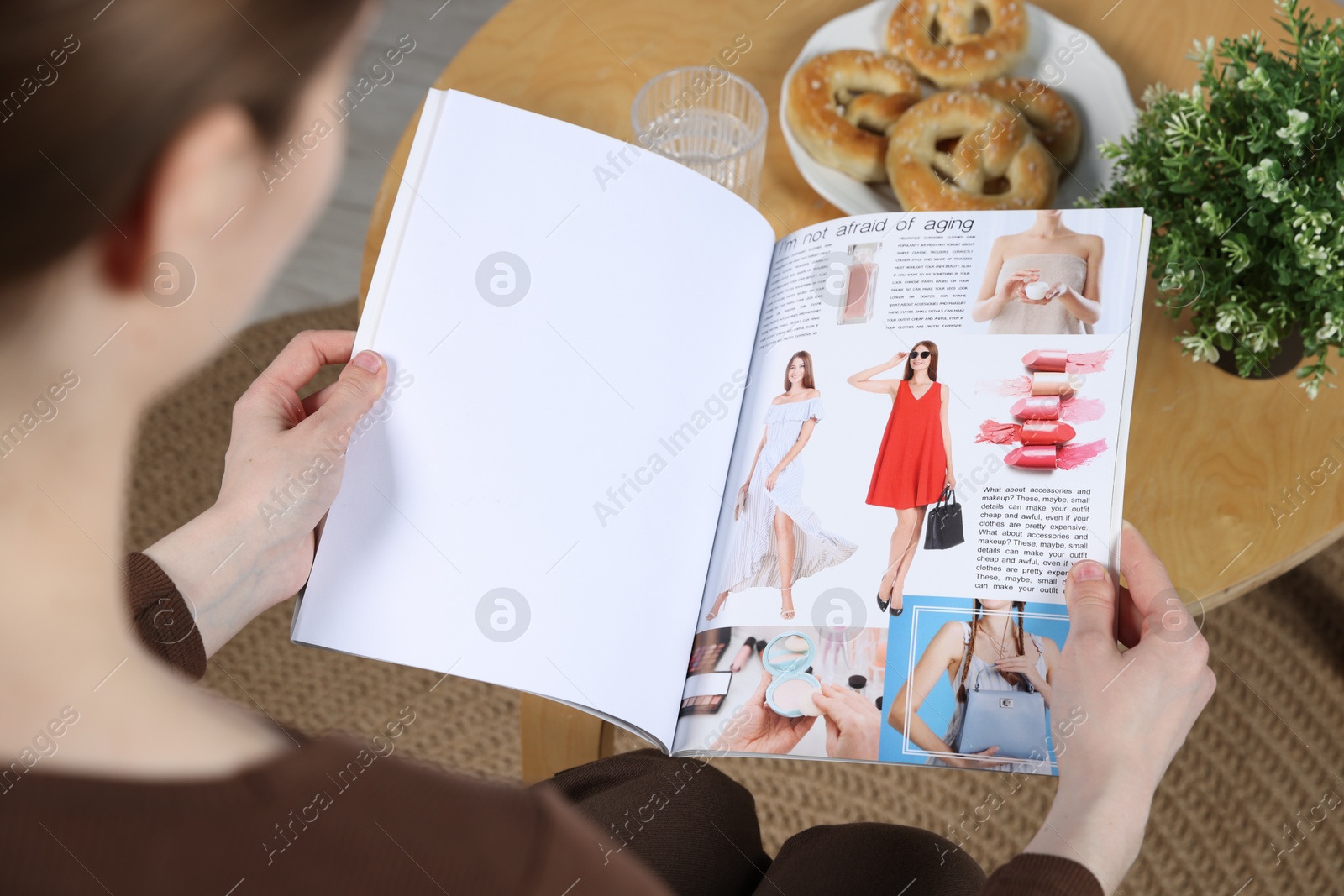 Woman reading magazine indoors, closeup. Mockup for design Photo of Woman reading magazine indoors, closeup. Mockup for design