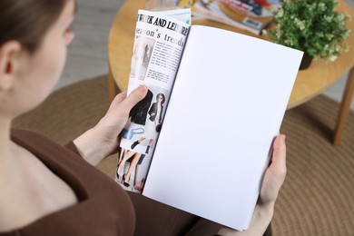 Photo of Woman reading magazine indoors, closeup. Mockup for design
