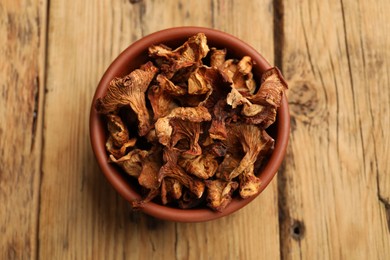 Photo of Dried chanterelle mushrooms on wooden table, top view