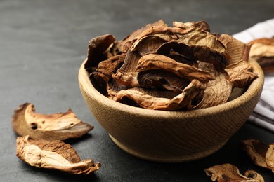 Photo of Dried chanterelle mushrooms on wooden table, closeup