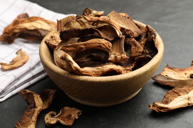 Photo of Dried chanterelle mushrooms on wooden table, closeup