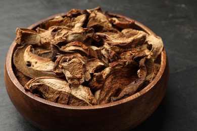 Photo of Dried chanterelle mushrooms on wooden table, closeup