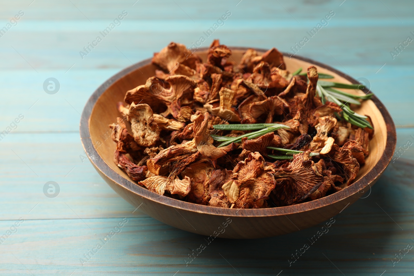 Photo of Dried chanterelle mushrooms with rosemary on blue wooden table, closeup