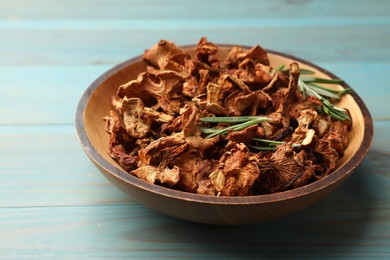 Photo of Dried chanterelle mushrooms with rosemary on blue wooden table, closeup