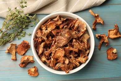 Photo of Dried chanterelle mushrooms with thyme on blue wooden table, flat lay