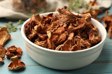 Photo of Dried chanterelle mushrooms on blue wooden table, closeup