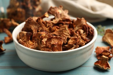 Photo of Dried chanterelle mushrooms on blue wooden table, closeup