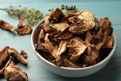Photo of Dried chanterelle mushrooms with thyme on blue wooden table, closeup
