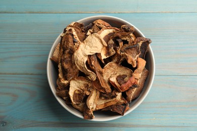Photo of Dried chanterelle mushrooms on blue wooden table, top view