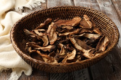Photo of Dried chanterelle mushrooms on wooden table, closeup