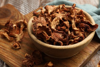 Photo of Dried chanterelle mushrooms on wooden table, closeup