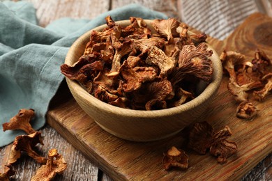 Photo of Dried chanterelle mushrooms on wooden table, closeup