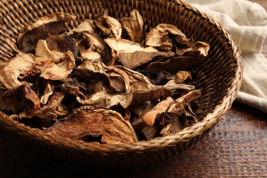 Photo of Dried chanterelle mushrooms on wooden table, closeup