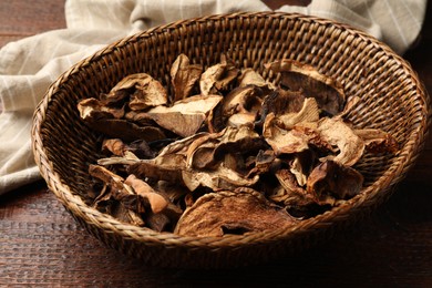 Photo of Dried chanterelle mushrooms on wooden table, closeup
