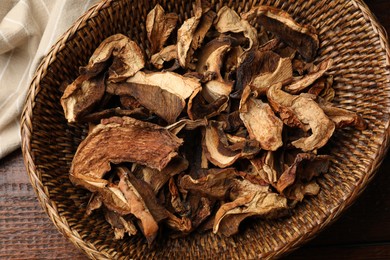 Photo of Dried chanterelle mushrooms on wooden table, top view