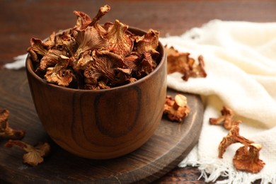 Photo of Dried chanterelle mushrooms on wooden table, closeup