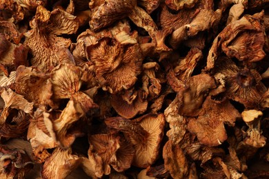 Photo of Many dried chanterelle mushrooms as background, closeup