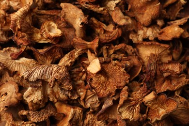Photo of Many dried chanterelle mushrooms as background, closeup