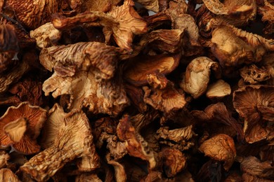 Photo of Many dried chanterelle mushrooms as background, closeup