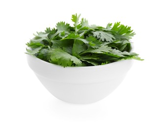 Photo of Aromatic cilantro in bowl isolated on white