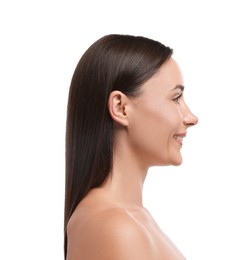 Photo of Portrait of beautiful woman on white background