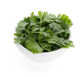Photo of Aromatic cilantro in bowl isolated on white