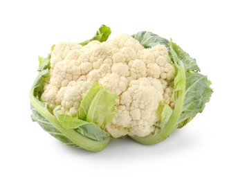 Photo of One fresh cauliflower with green leaves isolated on white