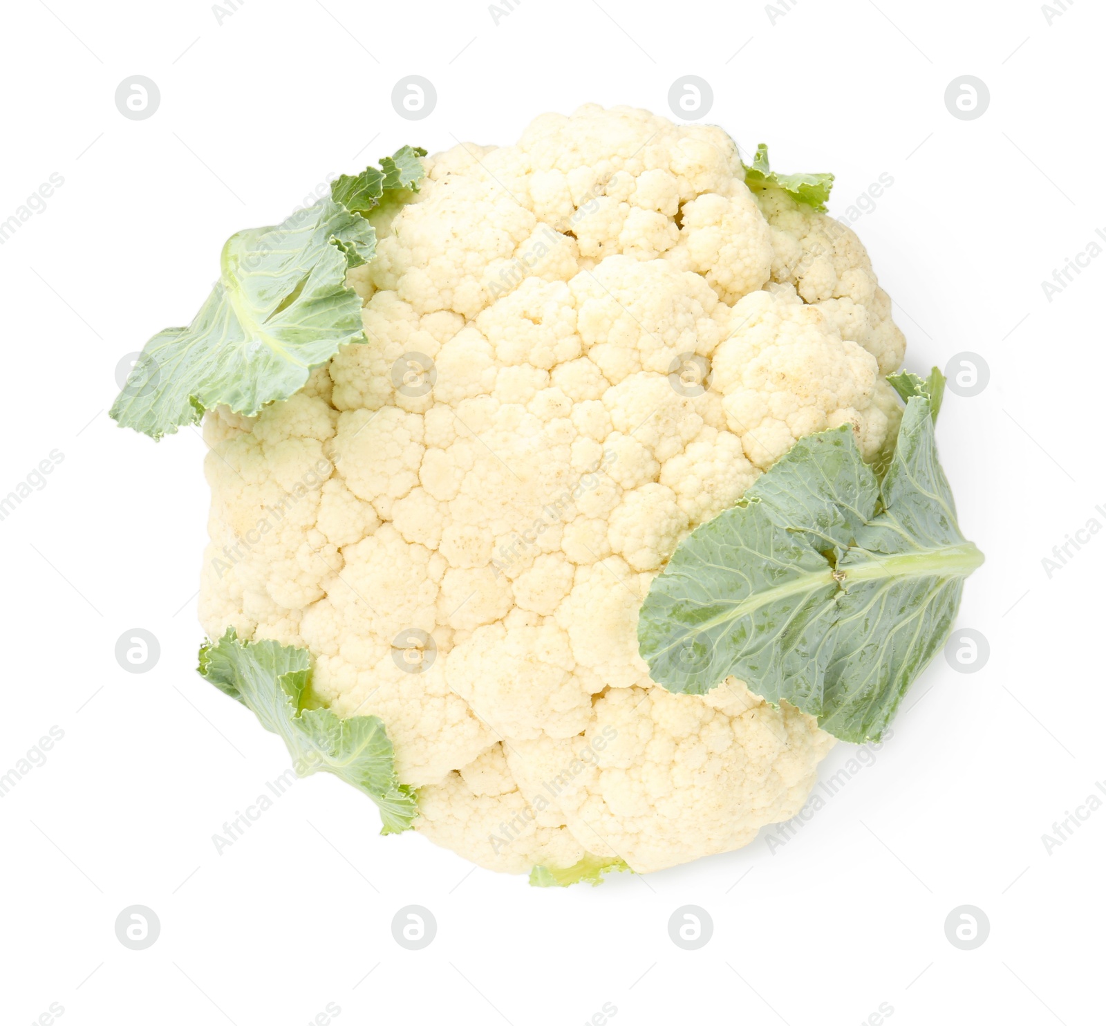 Photo of One fresh cauliflower with green leaves isolated on white, top view